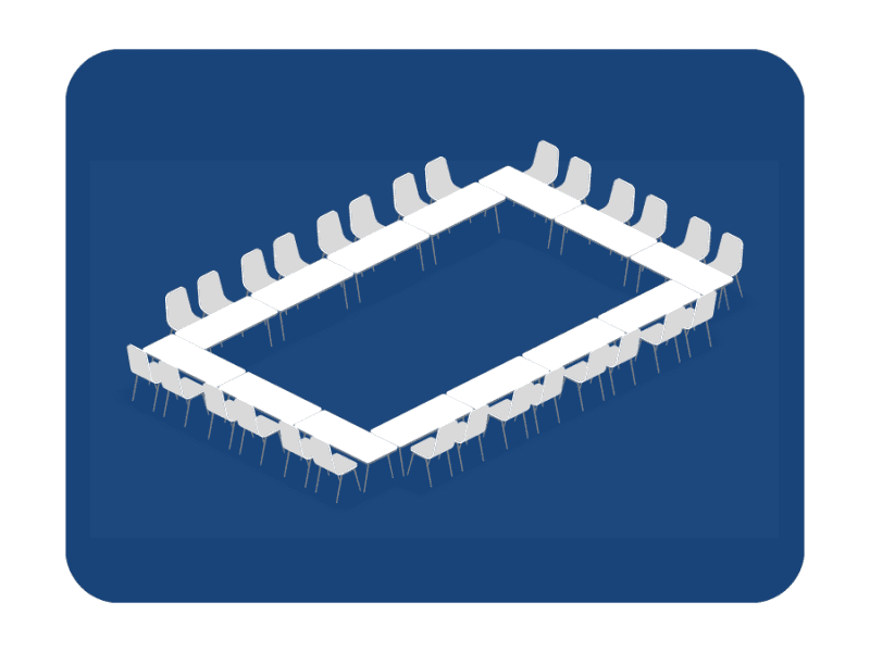 Illustration of hollow square seating configuration with tables forming a square and open center, enhancing group interaction and dialogue.